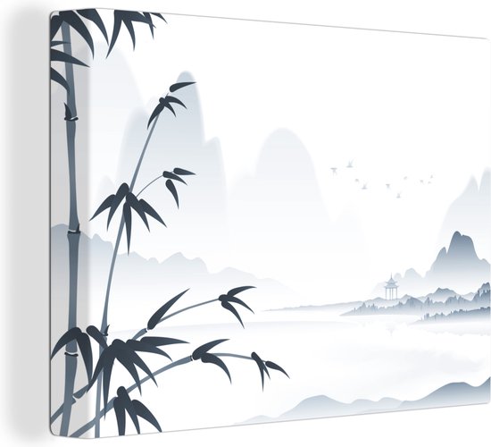 Canvas schilderij 160x120 cm - Wanddecoratie Inktschildering Chinees landschap - Muurdecoratie woonkamer - Slaapkamer decoratie - Kamer accessoires - Schilderijen