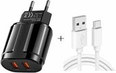 Dubbele USB draagbare reisoplader + 1 meter USB naar Type-C datakabel, EU-stekker (zwart)