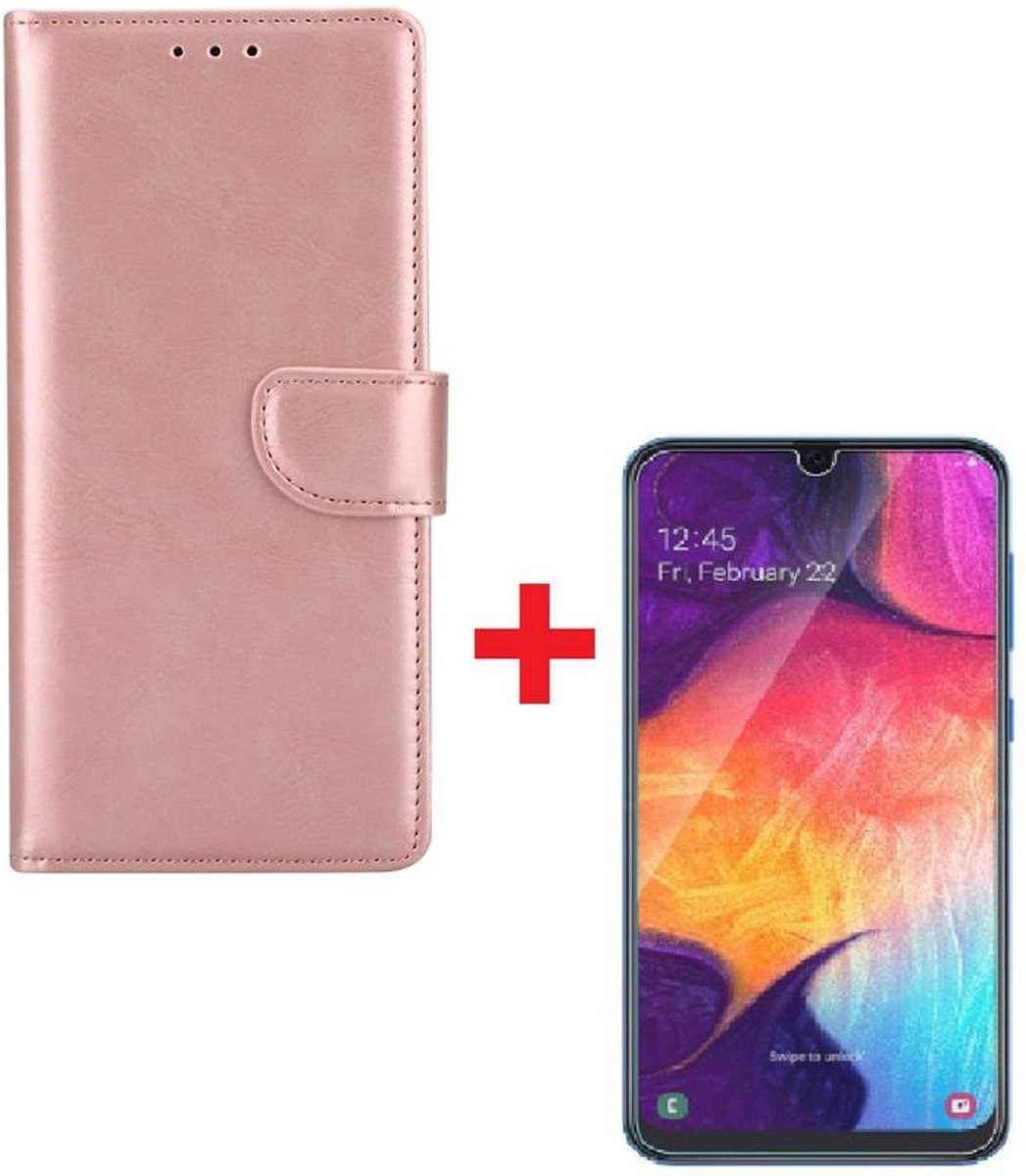 Samsung Galaxy A70 telefoon hoesje met pasjeshouder Rose goud Met Glazen screenprotector - van Bixb
