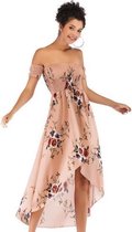 Zomer horizontale nek strapless bedrukte chiffon onregelmatige jurk voor dames (kleur: leer roze maat: M)-Roze