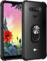 Voor LG K51 schokbestendig transparant TPU + acryl hoesje met ringhouder (zilver zwart)