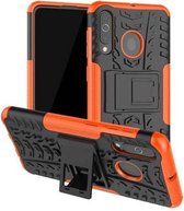 Schokbestendige pc + TPU-bandpatroonhoes voor Galaxy A60, met houder (oranje)