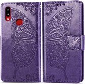 Voor Galaxy A10s Butterfly Love Flowers Embossing Horizontale Flip lederen tas met houder & kaartsleuven & portemonnee & lanyard (donkerpaars)