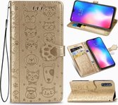 Voor xiaomi 9 se schattige kat en hond reliëf horizontale flip lederen tas met beugel / kaartsleuf / portemonnee / lanyard (goud)