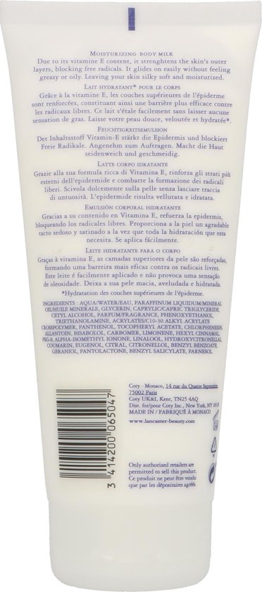 Witte tube met Lancaster logo, beschrijvingen in het Nederlands, Engels, Frans, Duits en Italiaans.