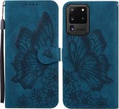 Voor Samsung Galaxy S20 Ultra Retro Skin Feel Butterflies Embossing Horizontale Flip Leather Case met houder & kaartsleuven & portemonnee (blauw)