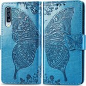 Voor Galaxy A30S vlinder liefde bloem reliëf horizontale flip lederen tas met beugel / kaartsleuf / portemonnee / lanyard (blauw)