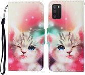 Voor Samsung Galaxy A02s (EU-versie) Gekleurde tekening patroon Horizontale flip lederen tas met houder & kaartsleuven & portemonnee & lanyard (scheel kat)