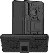 Voor Samsung Galaxy A21 (Amerikaanse versie) Bandentextuur Schokbestendig TPU + pc-beschermhoes met houder (zwart)