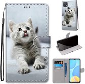 Voor OPPO A15 / A15s Gekleurde Tekening Cross Textuur Horizontale Flip PU Lederen Case met Houder & Kaartsleuven & Portemonnee & Lanyard (Kleine Grijze Kat)