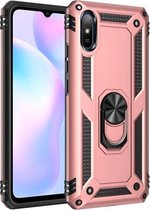 Voor Xiaomi Redmi 9A schokbestendige TPU + pc-beschermhoes met 360 graden roterende houder (roségoud)