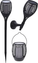 Set van 3x stuks Halloween horror decoratie solar LED tuinfakkel zwart 78 cm - Tuinverlichting/thema feestversiering