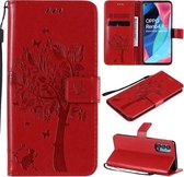 Voor Oppo Reno4 Pro 5G Boom & Kat Reliëfpatroon Horizontale Flip Leren Case met Houder & Kaartsleuven & Portemonnee & Lanyard (Rood)