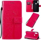 Voor Motorola Moto E7 Tree & Cat Pattern Pressed Printing Horizontale Flip PU Leather Case met houder & kaartsleuven & portemonnee & Lanyard (Rose Red)