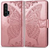 Butterfly Love Flowers Embossing Horizontale Flip Leather Case Voor Huawei Honor 20 Pro met Houder & Kaartsleuven & Portemonnee & Lanyard (Rose goud)