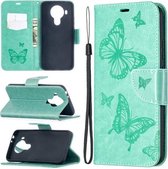 Voor Nokia 5.4 Two Butterflies Embossing Pattern Horizontale Flip Leather Case met houder & kaartsleuf & portemonnee & lanyard (groen)