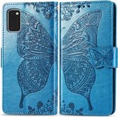 Voor Galaxy A41 Butterfly Love Flower reliëf horizontale flip lederen tas met beugel / kaartsleuf / portemonnee / lanyard (blauw)