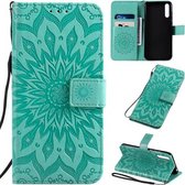 Voor Huawei Enjoy 10S Geperst Afdrukken Zonnebloempatroon Horizontale Flip PU-lederen Case met Houder & Kaartsleuven & Portemonnee & Lanyard (Groen)