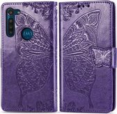 Voor Moto G8 Power Butterfly Love Flower Reliëf Horizontale Flip Leren Case met Beugel / Kaartsleuf / Portemonnee / Lanyard (Donkerpaars)