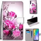 Voor Huawei Y6p Gekleurde Tekening Cross Textuur Horizontale Flip PU Lederen Case met Houder & Kaartsleuven & Portemonnee & Lanyard (Wild Rose)