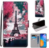 Voor Huawei P Smart 2021 / Y7a Gekleurde Tekening Cross Textuur Horizontale Flip PU Lederen Case met Houder & Kaartsleuven & Portemonnee & Lanyard (Pink Flower Tower Bridge)