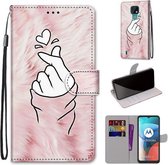 Voor Motorola Moto E7 Gekleurde Tekening Cross Textuur Horizontale Flip PU Lederen Case met Houder & Kaartsleuven & Portemonnee & Lanyard (Roze Handen Hart)