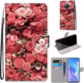 Voor Huawei Enjoy 20 Plus Gekleurde Tekening Cross Textuur Horizontale Flip PU Lederen Case met Houder & Kaartsleuven & Portemonnee & Lanyard (Pink Rose Garden)