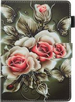 Voor Amazon Kindle Fire HD 8 (2020) Platte textuur platte lederen tas met kaartsleuf & portemonnee & houder & slaap- / wekfunctie (rozen op zwart)