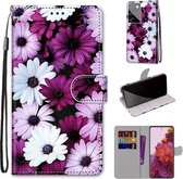 Voor Samsung Galaxy S21 Ultra 5G Gekleurde tekening Cross Texture Horizontale Flip PU lederen tas met houder & kaartsleuven & portemonnee & lanyard (Chrysanthemum Pink White Purple)