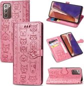 Voor Samsung Galaxy Note20 Leuke Kat en Hond Reliëf Horizontale Flip Leren Case met Beugel / Kaartsleuf / Portemonnee / Lanyard (Roze)