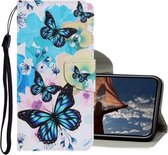 Gekleurde tekening patroon horizontaal Flip PU lederen tas met houder & kaartsleuven & portemonnee & lanyard voor iPhone 12 mini (paarse vlinder)