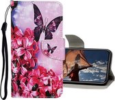 Gekleurde tekening patroon horizontale flip lederen tas met houder & kaartsleuven & portemonnee voor iPhone 12 mini (rode bloem vlinder)