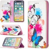 Gekleurde tekening patroon onzichtbare magnetische horizontale flip PU lederen tas met houder & kaartsleuven & portemonnee voor iPhone X / XS (twee vlinders)