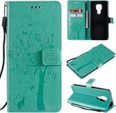 Voor Motorola Moto G9 Play Tree & Cat Pattern Pressed Printing Horizontale Flip PU lederen tas met houder & kaartsleuven & portemonnee & lanyard (groen)