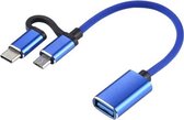 USB 3.0 Vrouwelijk naar Micro USB + USB-C / Type-C Mannelijk Opladen + Transmissie OTG Nylon Gevlochten Adapterkabel, Kabellengte: 11 cm (Blauw)