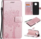 Voor Xiaomi Redmi Note 9 5G Tree & Cat Pattern Pressed Printing Horizontale Flip PU Leather Case met houder & kaartsleuven & portemonnee & Lanyard (Rose Gold)