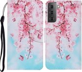 Voor Samsung Galaxy S21 5G Gekleurde Tekening Patroon Horizontale Flip PU Lederen Case met Houder & Kaartsleuven & Portemonnee & Lanyard (Kersenbloesems)