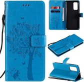 Voor Xiaomi Mi 10T / 10T Pro Tree & Cat Pattern Pressed Printing Horizontale flip PU lederen tas met houder & kaartsleuven & portemonnee & lanyard (blauw)