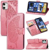 Voor iPhone 12 mini vlinder liefde bloem reliëf horizontale flip lederen tas met beugel / kaartsleuf / portemonnee / lanyard (roze)
