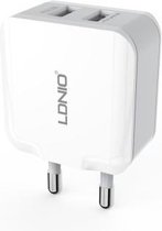LDNIO A2201 2.4A Dual USB-oplaadkop Reizen Directe lading Mobiele telefoon Adapteroplader met 8-pins datakabel (EU-stekker)
