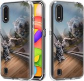 Voor Galaxy A01 2 in 1 pc + TPU-kaartpatroon transparant beschermhoes (spiegelkat)