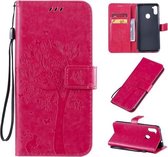 Voor Galaxy M11 / A11 Tree & Cat Pattern Pressed Printing Horizontale Flip PU lederen tas met houder & kaartsleuven & portemonnee & lanyard (Rose Red)