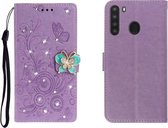 Voor Galaxy A21 horizontale strass vlinder reliëf lederen tas met kaartsleuf & portemonnee & houder (paars)