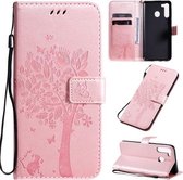 Voor Galaxy A21 Tree & Cat Pattern Pressed Printing Horizontale Flip PU Leather Case met houder & kaartsleuven & portemonnee & Lanyard (Rose Gold)