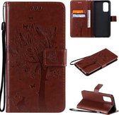 Voor OPPO Reno5 5G Boom & Kat Patroon Geperst Afdrukken Horizontale Flip PU Lederen Case met Houder & Kaartsleuven & Portemonnee & Lanyard (Koffie)