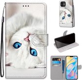 Gekleurde tekening Cross Texture Horizontale Flip PU lederen tas met houder & kaartsleuven & portemonnee & lanyard voor iPhone 12/12 Pro (White Kitten)