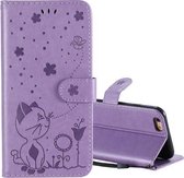 Voor iPhone 6 Cat Bee Embossing Pattern Schokbestendig horizontaal Flip lederen hoesje met houder & kaartsleuven & portemonnee (paars)