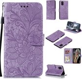 Voor Samsung Galaxy A31 Lace Flower Embossing Pattern Horizontale Flip lederen tas, met houder & kaartsleuven & portemonnee & fotolijst & lanyard (paars)