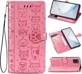 Voor Galaxy Note 10 Lite / A81 Leuke Kat en Hond Reliëf Horizontale Flip Leren Case met Beugel / Kaartsleuf / Portemonnee / Lanyard (Roze)