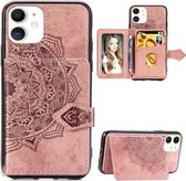 Voor iPhone 11 Mandala in reliëf gemaakte stoffen kaarthouder Mobiele telefoonhoes met magnetische en beugelfunctie met kaarttas / portemonnee / fotolijstfunctie met draagriem (roségoud)